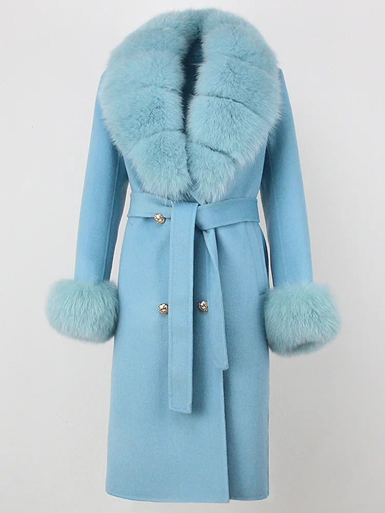 OFTBUY Winter Jacket Women Long Natural Wool Blends Cashmere Real Fur Coat Double Breasted Belt Warm Streetwear New Fashion