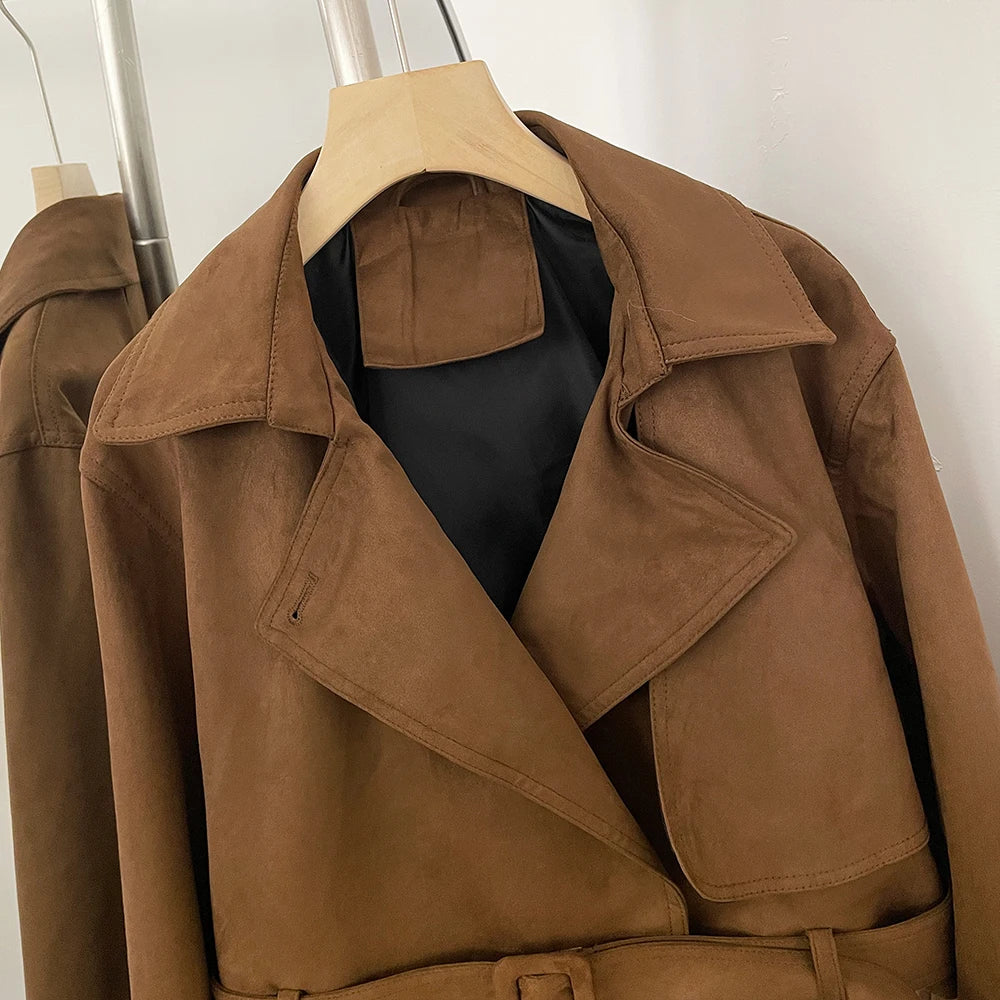 OFTBUY Lapel Collar Belted Waist Buckled Cuffs Casual Fashion Outerwear female New Women's Faux Suede Cropped Trench Jacket