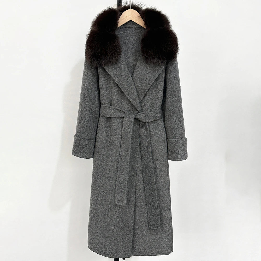 OFTBUY Belted Warm Winter Elegant Fashion Outerwear Female New Women's Double-Faced Wool Coat with Large Real Fox Fur Collar