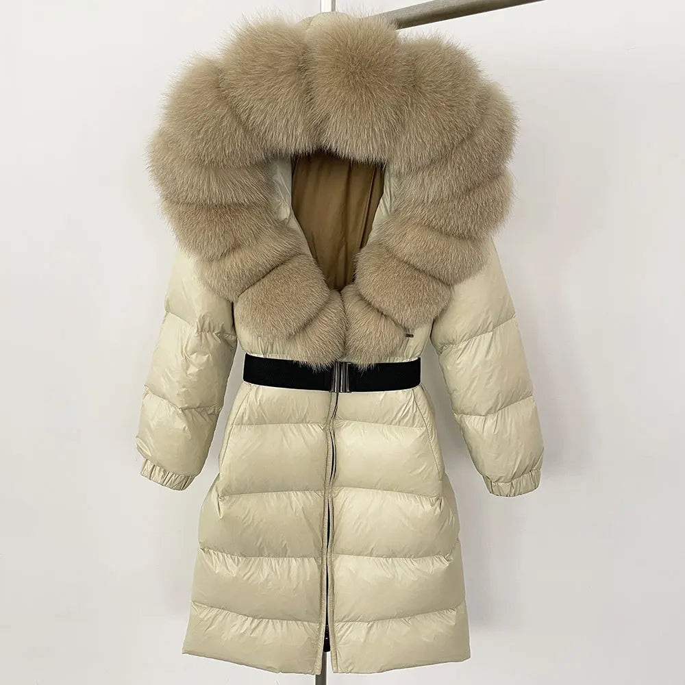 OFTBUY New Natural Thick Warm Duck Down Coat Female Long Winter Jacket Women Real Big Fox Fur Collar Belt Loose Puffer Parka