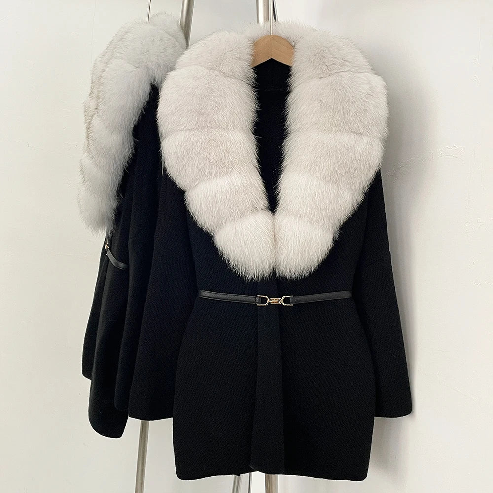 OFTBUY New Autumn Winter Luxury Fashion Outerwear Lady Women's Knit Coat with Large Real Fox Fur Collar Belt Textured Knit Warm