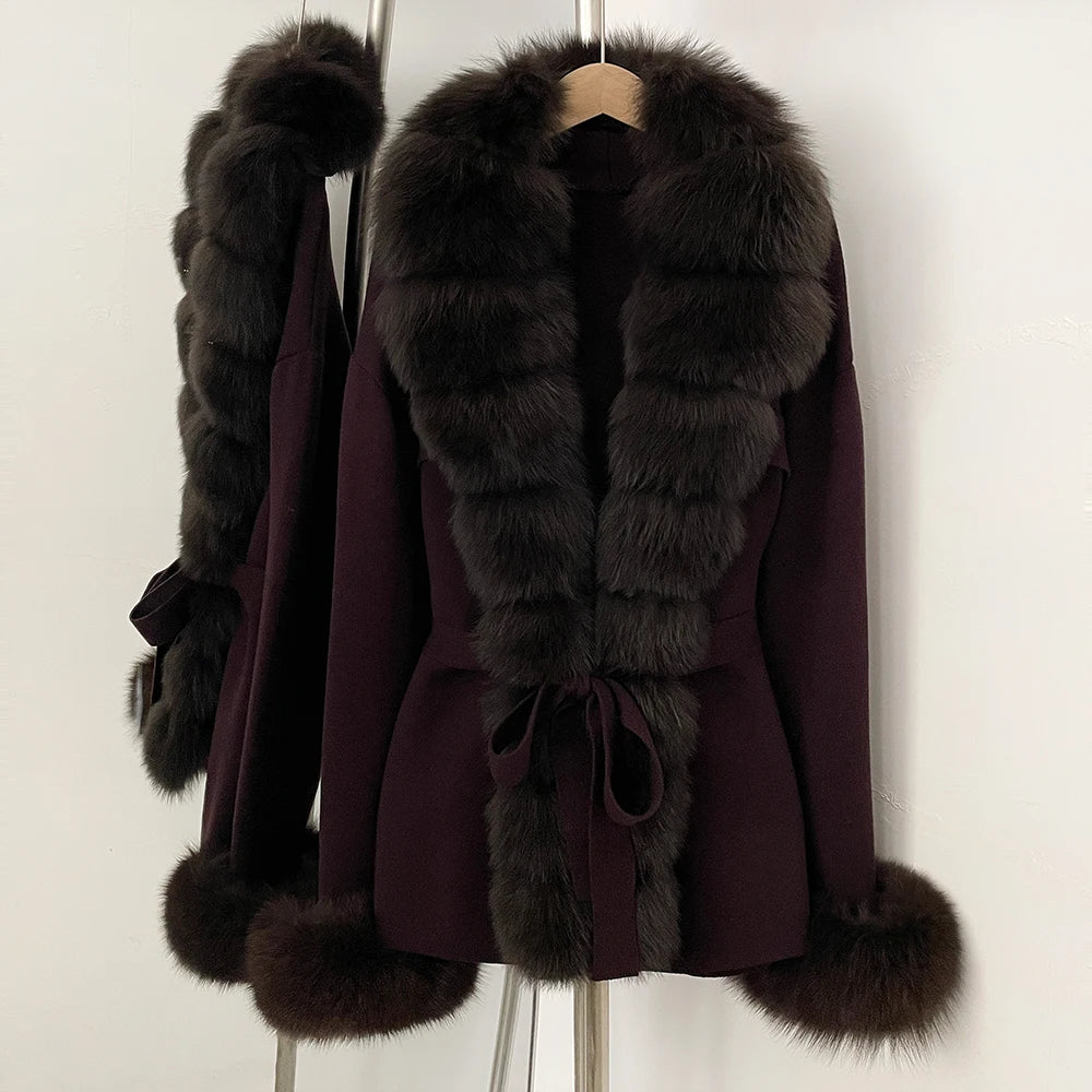 OFTBUY New Spring Autumn Clothing Women Fashion Real Fox Fur Kint Cardigan Female Belt Luxury Loose Fur Cuffs Sweater Jacket
