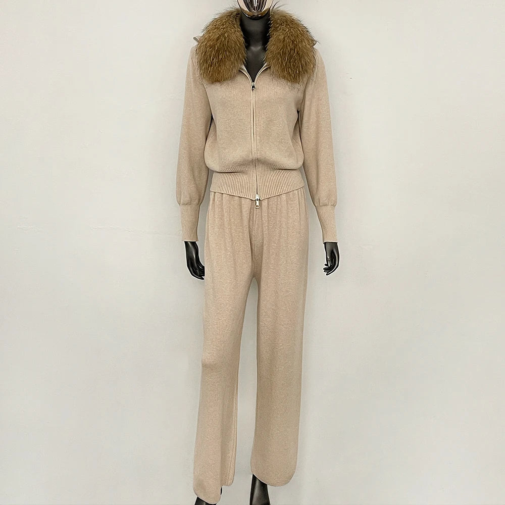 OFTBUY Winter New Women's Knitted Tracksuit Set with Fox Fur Collar Zipper Jacket Wide Leg Pants Luxury Casual Two-Piece Outfit
