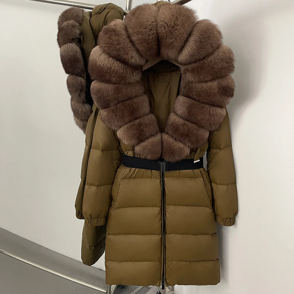 OFTBUY New Natural Thick Warm Duck Down Coat Female Long Winter Jacket Women Real Big Fox Fur Collar Belt Loose Puffer Parka