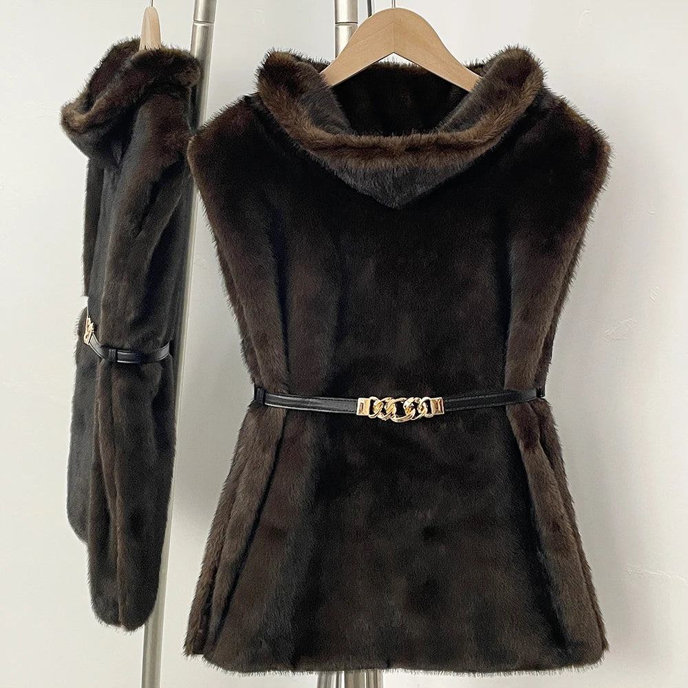 OFTBUY Luxury Sleeveless Faux Fur Jacket Women Fashion New Autumn Winter Fake Fur Clothes Female Warm Thick Belt Artificial Fur Coat