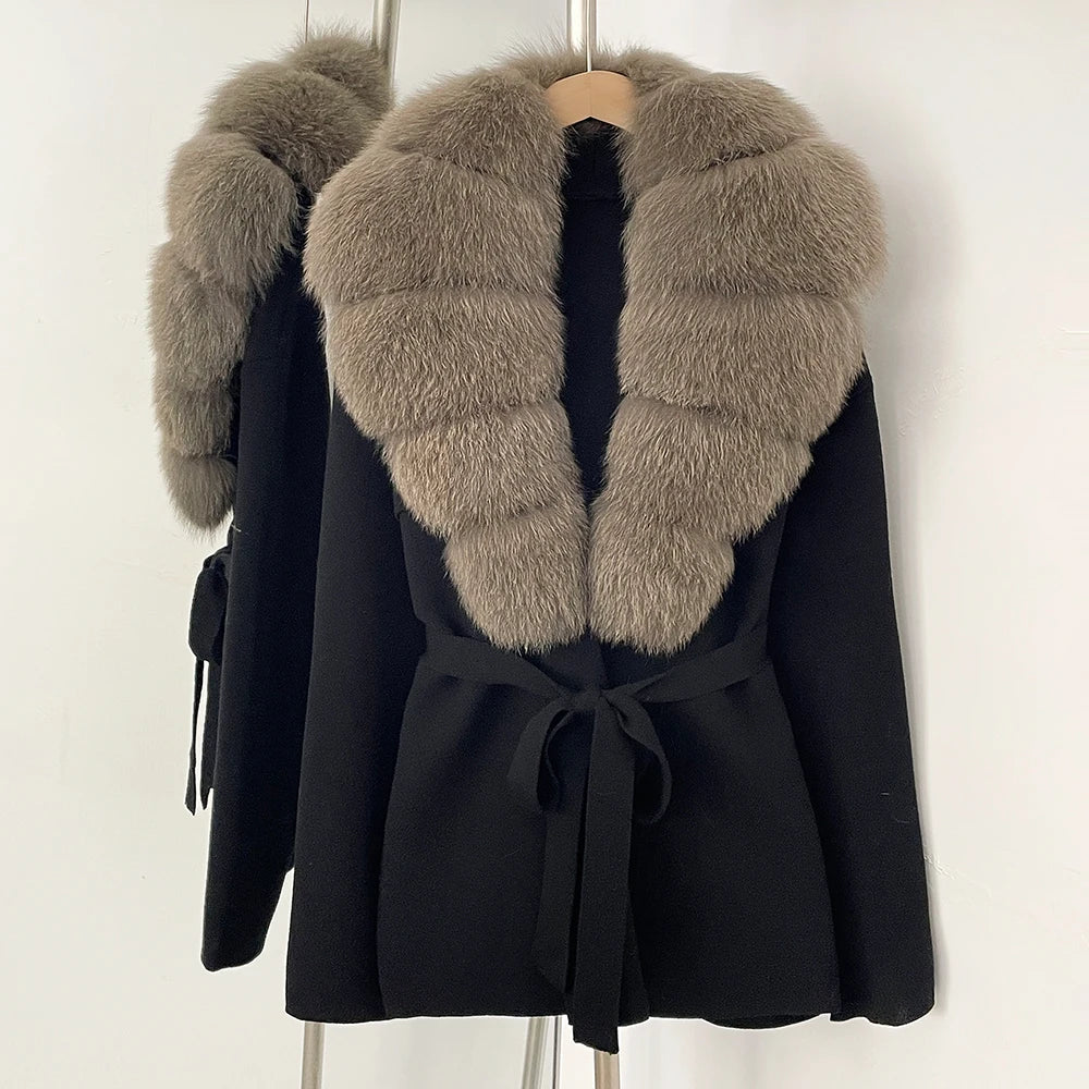 OFTBUY Fashion Real Fox Fur Collar Sweater Lady Loose Luxury Jacket Women's Clothes New Spring Autumn Belt Knit Cardigan Female