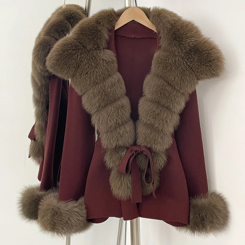 OFTBUY cardigan women Sweater Female New Women's Knit Coat with Real Fox Fur collar Belt Luxury Warm Winter Fashion Outerwear
