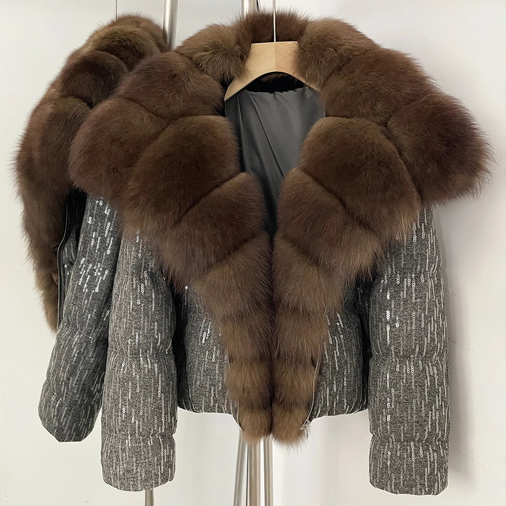 OFTBUY Sequined Duck Down Coat Female New Women's Short Puffer Jacket with Real Fox Fur Collar  Luxury Sparkly Winter Outerwear