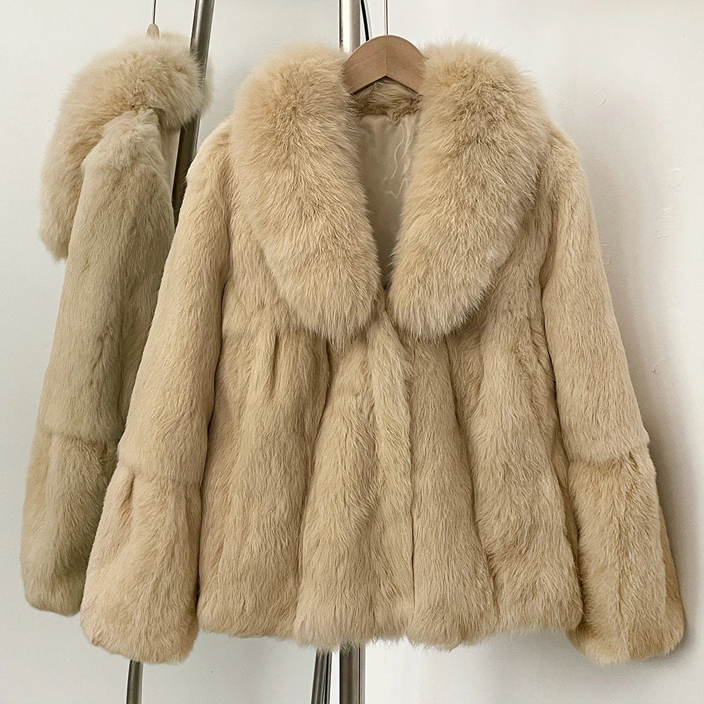 OFTBUY Natural Rabbit Fur Coat Female New Thickened Warm Top Clothing Women Fashion Fluffy Real Fox Fur Collar Jacket Lady