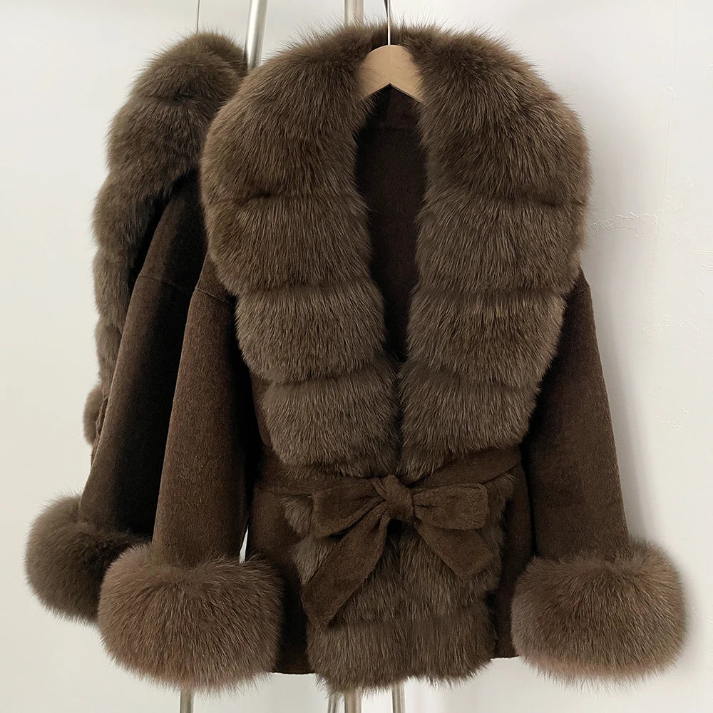 OFTBUY Big Real Fox Fur Pinnacle Woolen Coat Female New Autumn Winter Top Clothes Warm Natural Fox Fur Collar Wool Jacket Women