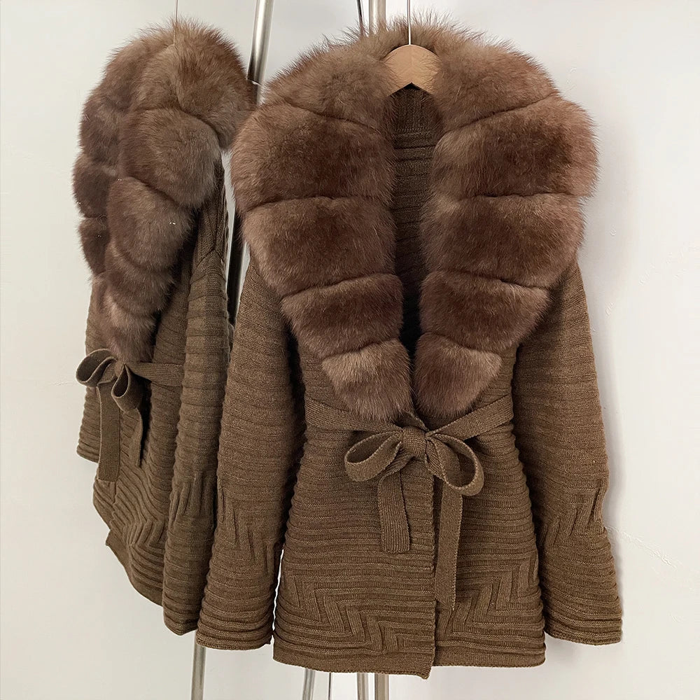 OFTBUY New Women's Knit Coat with Large Real Fox Fur Collar Belted Waist Striped Texture Pockets Winter Luxury Elegant Outerwear