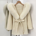OFTBUY New Autumn Winter Wool Clothing Women Belt Hooded Real Fox Fur Cape Coat Female Fashion Warm Woolen Natural Fur Jacket
