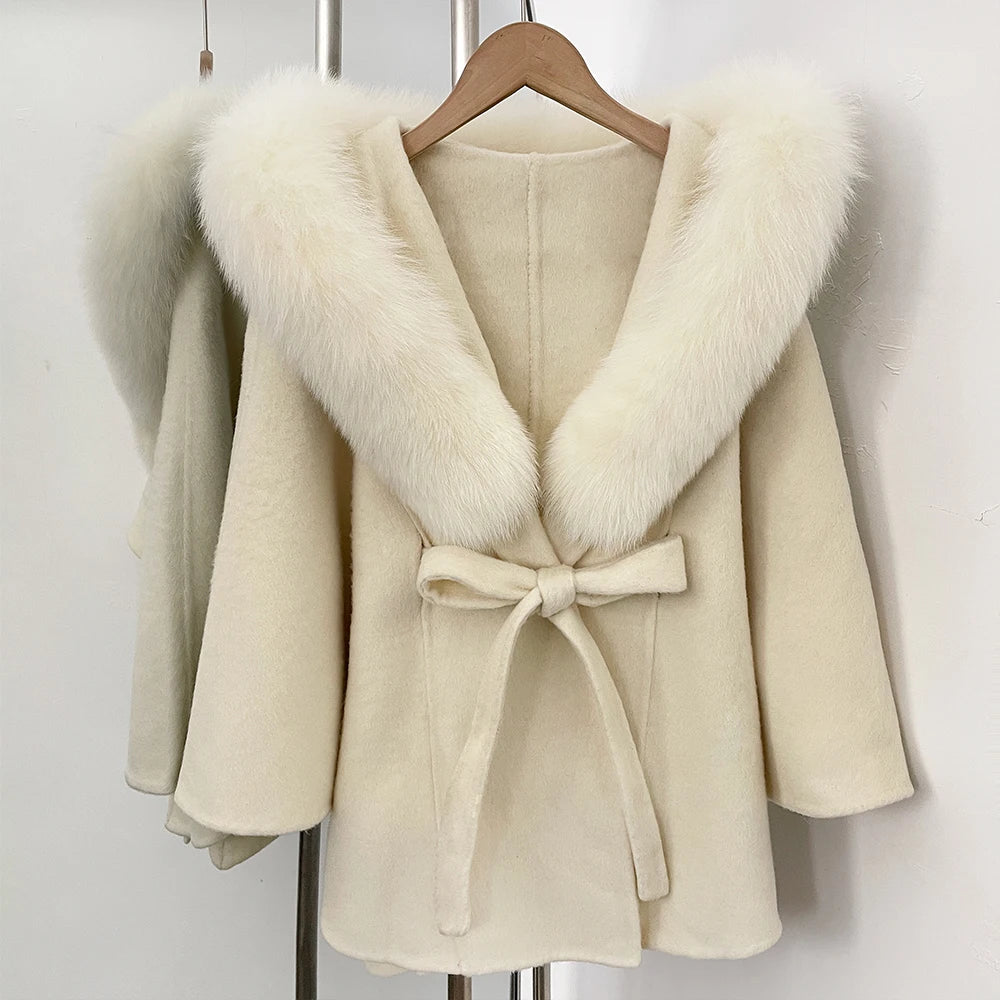 OFTBUY New Autumn Winter Wool Clothing Women Belt Hooded Real Fox Fur Cape Coat Female Fashion Warm Woolen Natural Fur Jacket