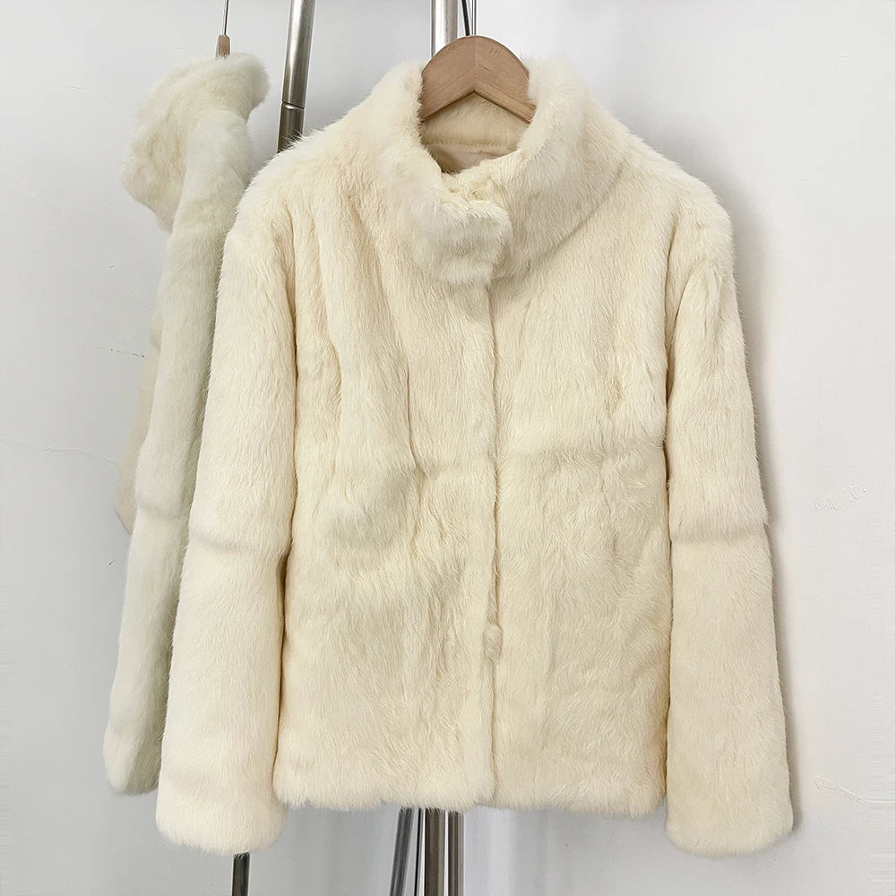 OFTBUY Women's Real Rabbit Fur Coat Luxury Camel Fur Jacket with Stand Collar New Warm Autumn Winter Clothes Female Outerwear
