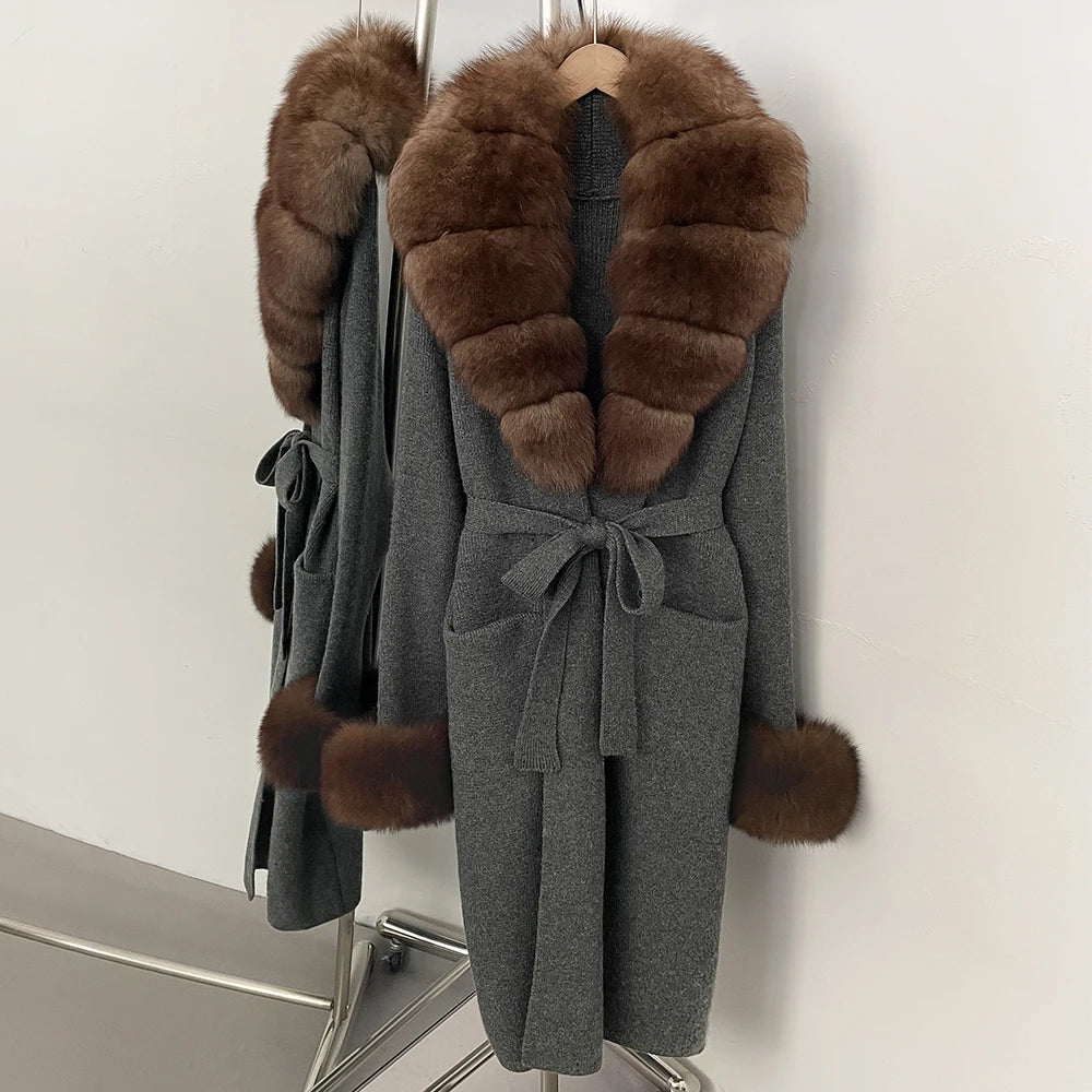 OFTBUY New Cardigan Autumn Winter Long Knit Clothing Women Loose Warm Belt Sweater Jacket with Real Fox Fur Collar and Cuffs