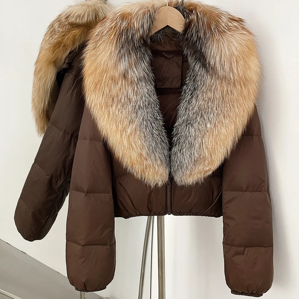 OFTBUY New Puffer Jacket Women with Large Natural Fox Fur Collar Short Fluffy Thick Parkas Female 90% White Duck Down Coat Lady