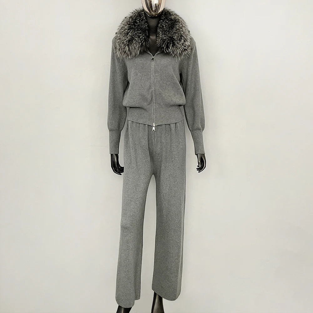 OFTBUY Winter New Women's Knitted Tracksuit Set with Fox Fur Collar Zipper Jacket Wide Leg Pants Luxury Casual Two-Piece Outfit