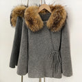 OFTBUY Women's Real Fox Raccoon Fur Collar Knit Wrap Coat Drawstring Waist Autumn Winter Cardigan Jacket Female Luxury Outerwear