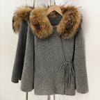 OFTBUY Women's Real Fox Raccoon Fur Collar Knit Wrap Coat Drawstring Waist Autumn Winter Cardigan Jacket Female Luxury Outerwear
