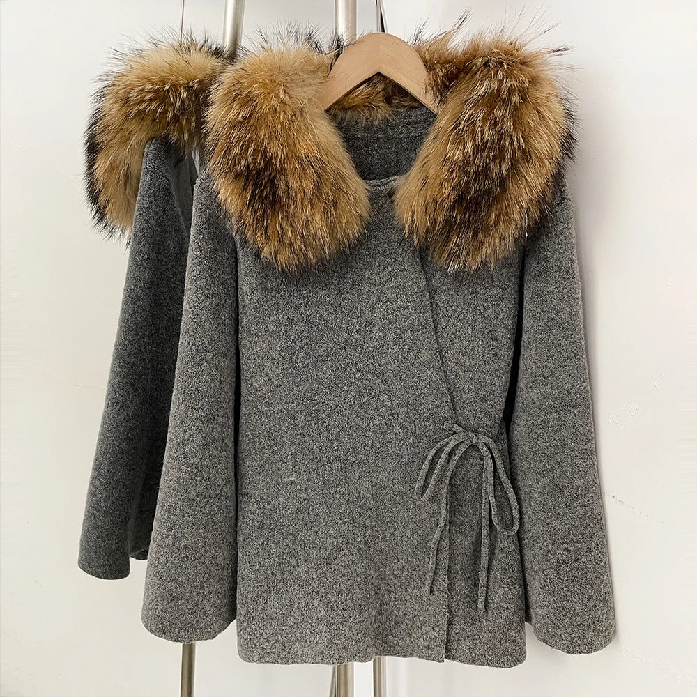 OFTBUY Women's Real Fox Raccoon Fur Collar Knit Wrap Coat Drawstring Waist Autumn Winter Cardigan Jacket Female Luxury Outerwear