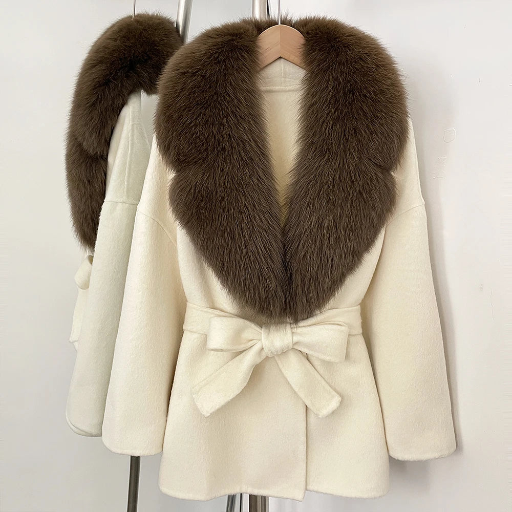 OFTBUY Belted Warm Winter Elegant Fashion Outerwear Lady New Women's Double-Faced Wool Coat with Large Real Fox Fur Collar Cuffs