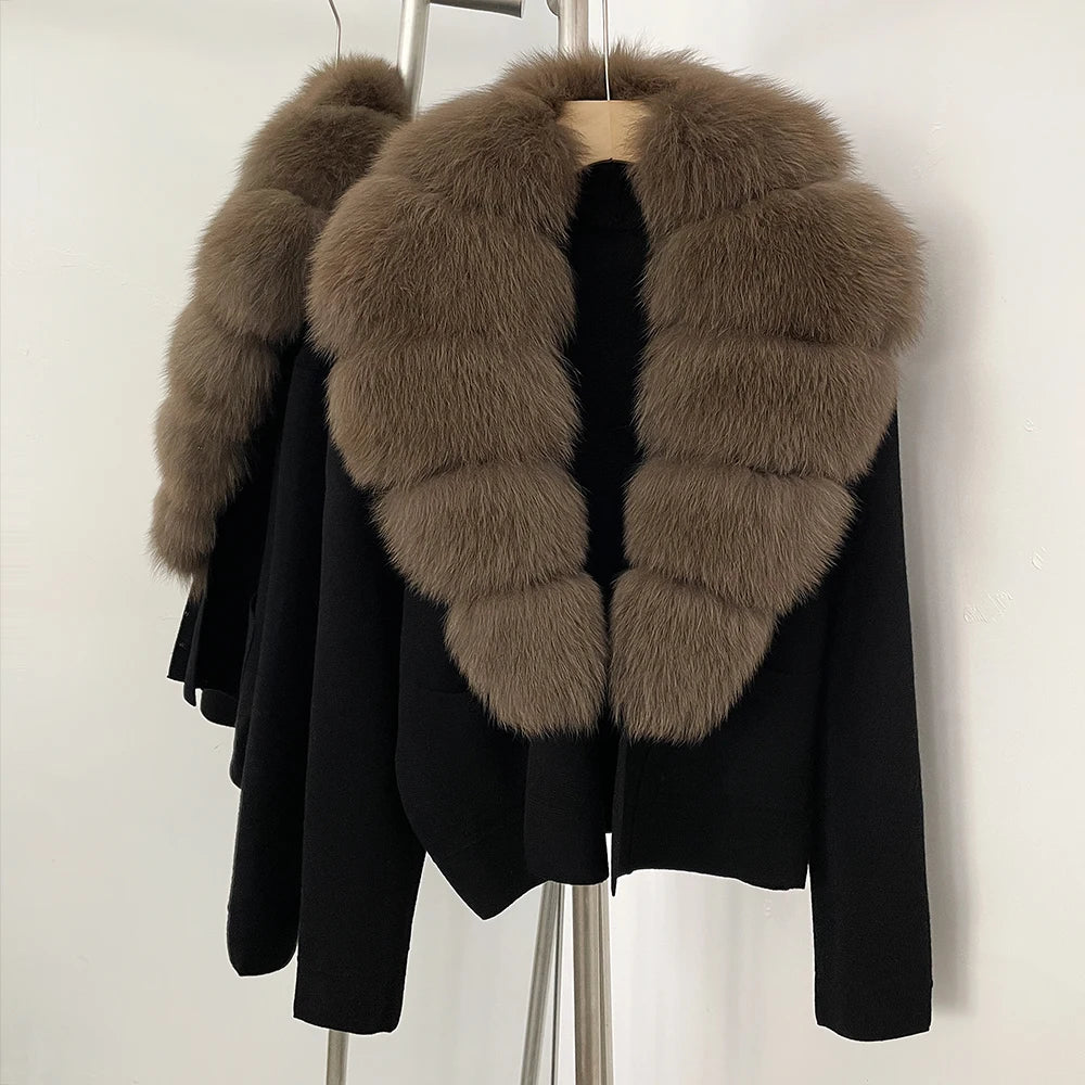 OFTBUY New Women's Knit Cardigan with Large Real Fox Fur Collar Loose Fit Warm Winter Fashion Lady Outerwear Sweater Female