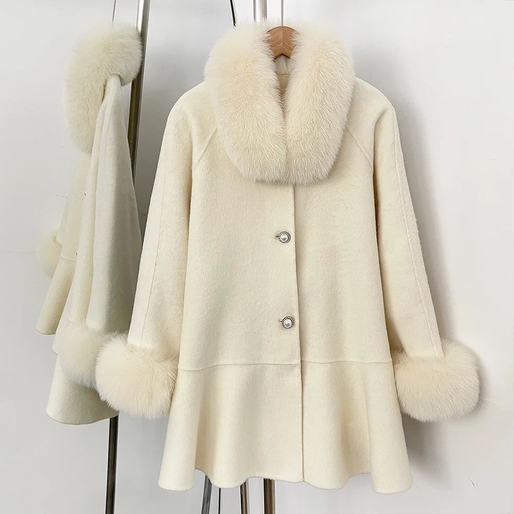 OFTBUY New Women's Wool Coat with Real Fox Fur Colla and Cuffs Luxury Pearl Button Ruffled Hem Winter Warm Outerwear Female