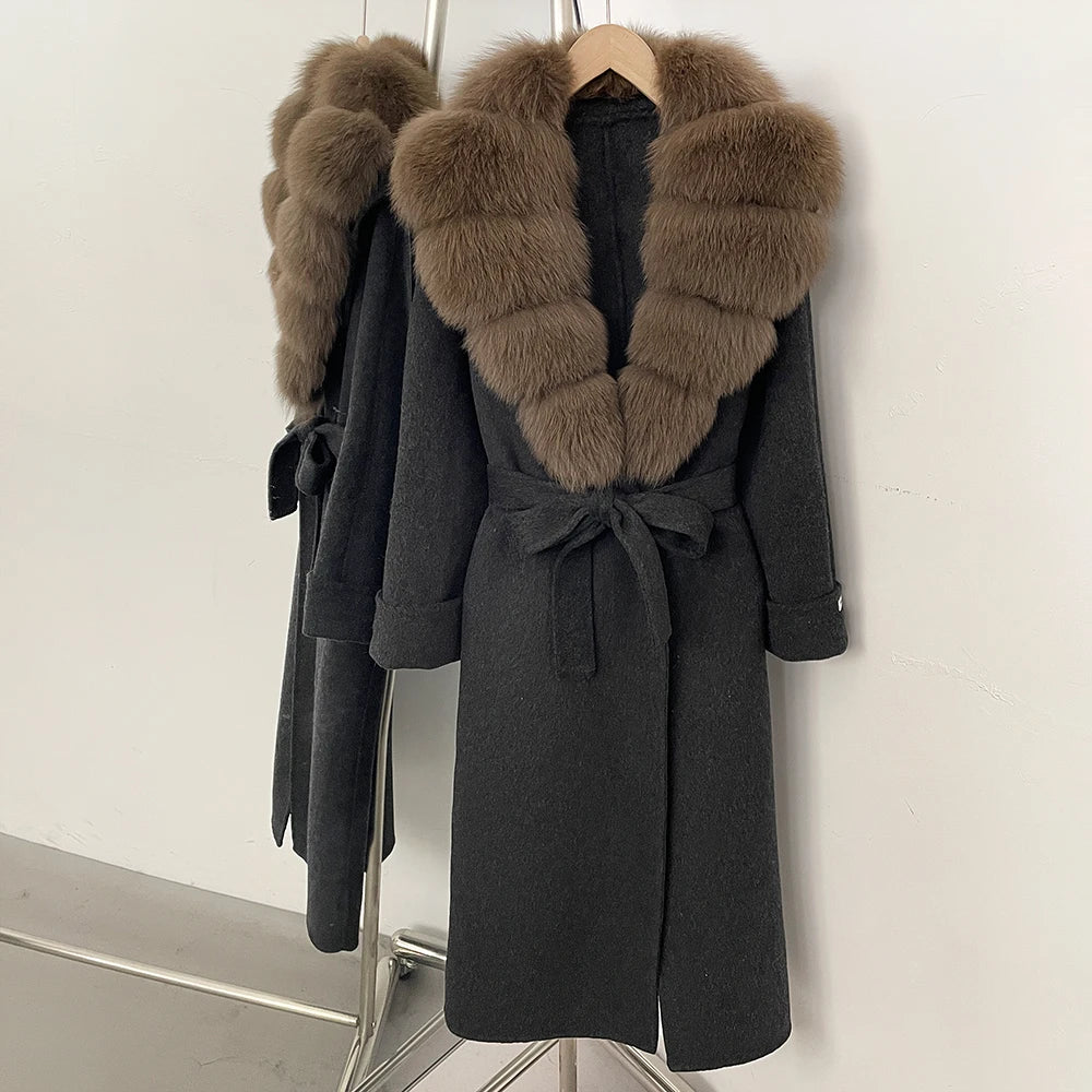 OFTBUY Belted Elegant Warm Outerwear Coat Female Women's Luxury Double-Faced Wool Jacket Winter Oversized Real Fox Fur Collar