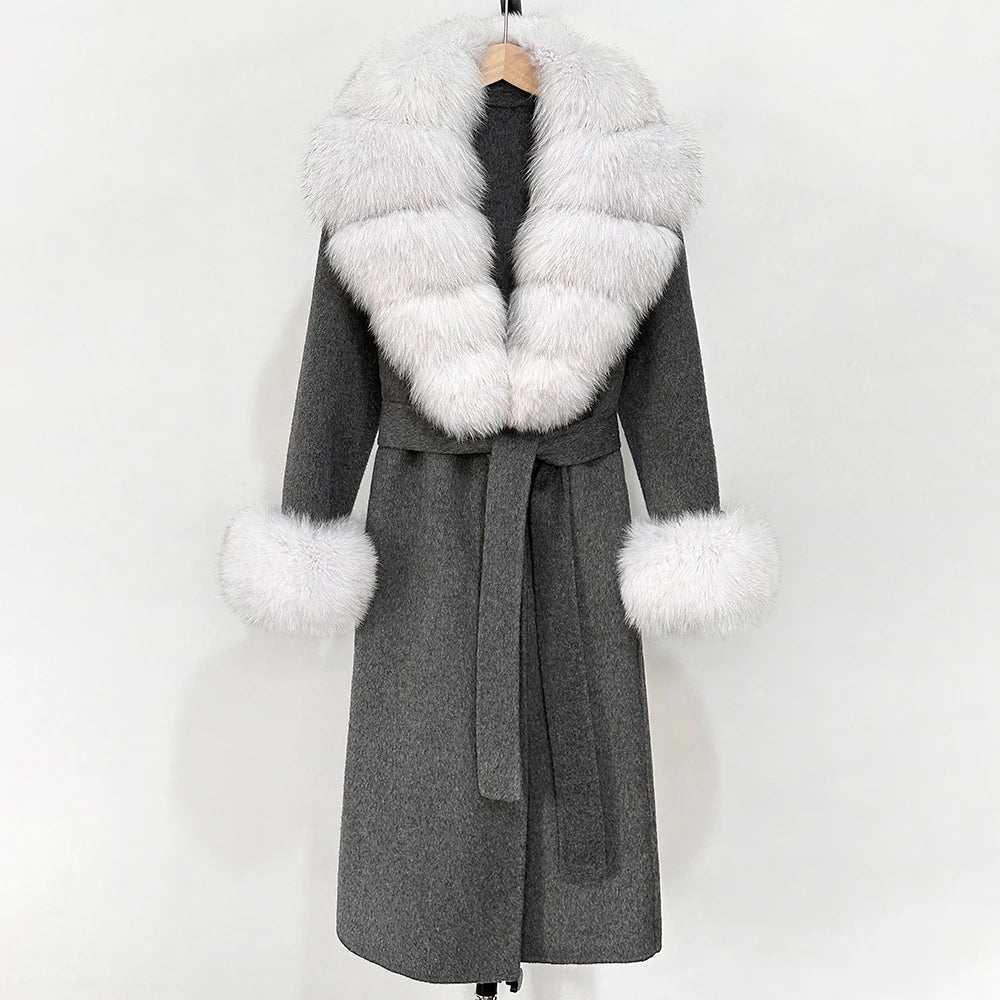 OFTBUY Fashion Warm Woolen Jacket with Real Fox Fur Collar and Cuffs New Autumn Winter Wool Clothing Women Long Belt Outerwear