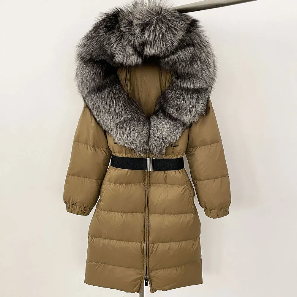 OFTBUY New Natural Thick Warm Duck Down Coat Female Long Winter Jacket Women Real Big Fox Fur Collar Belt Loose Puffer Parka