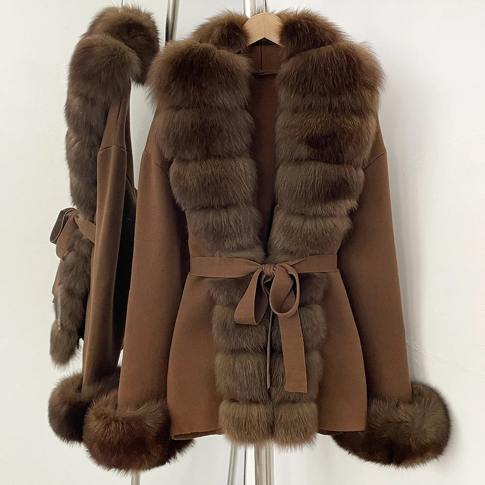 OFTBUY New Spring Autumn Clothing Women Fashion Real Fox Fur Kint Cardigan Female Belt Luxury Loose Fur Cuffs Sweater Jacket