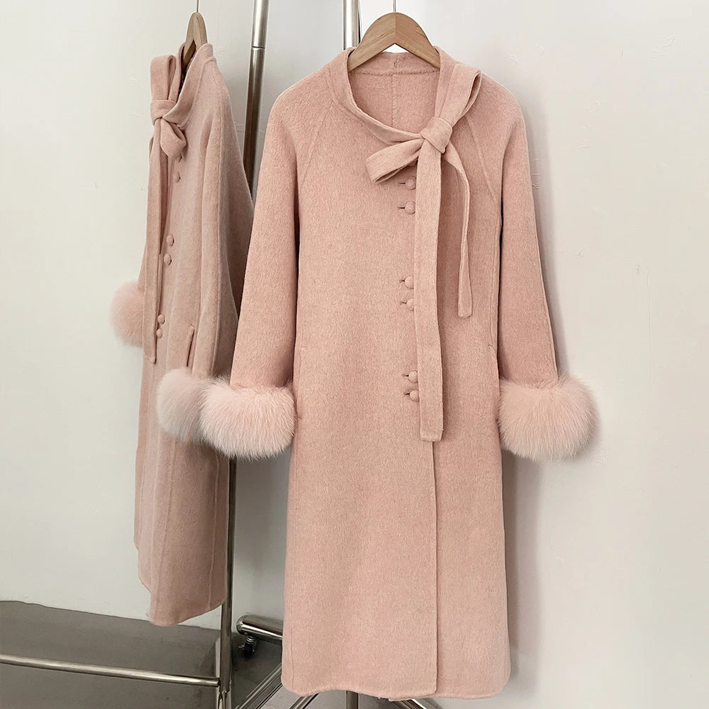 OFTBUY New Women's Double-Faced Wool Coat with Real Fox Fur Design Belted Bow Warm Winter Elegant Fashion Outerwear Woolen Coat