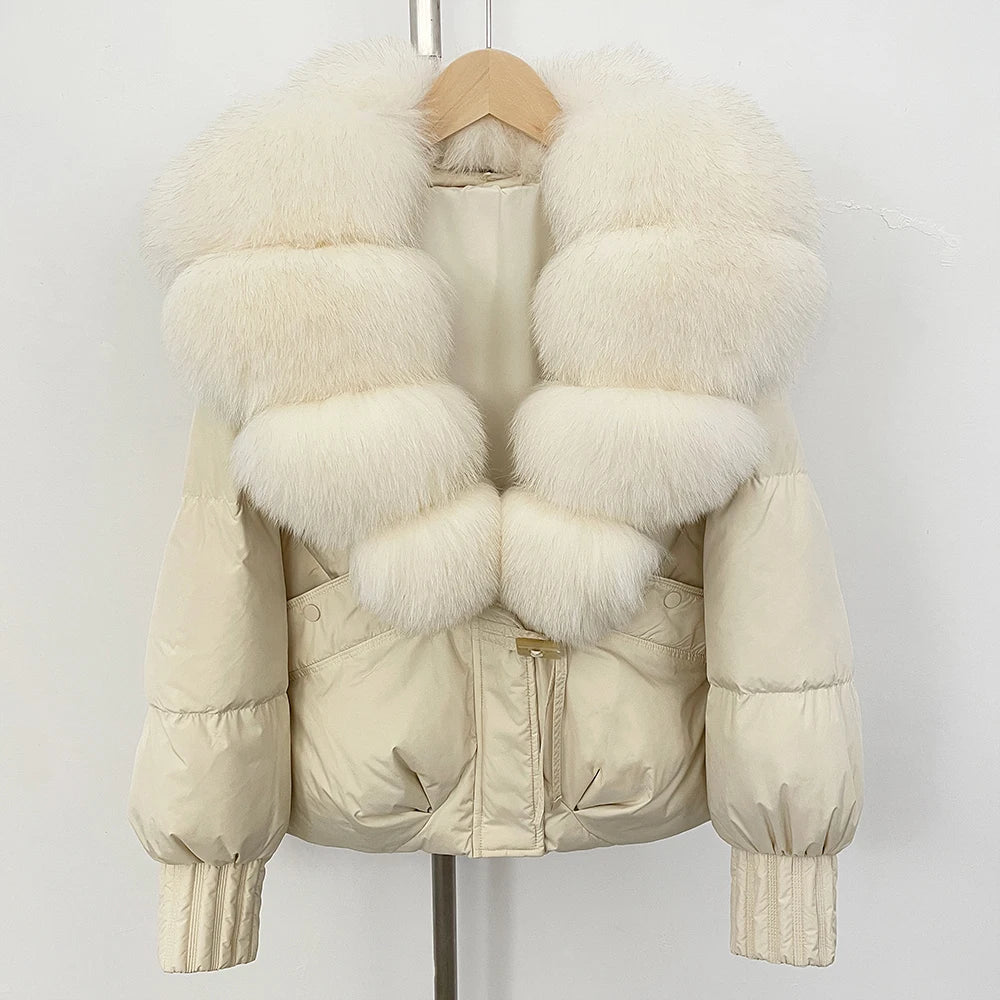OFTBUY Luxury 90% Duck Down Puffer Jacket with Oversized Real Fox Fur Collar - Short Tiered Winter Coat