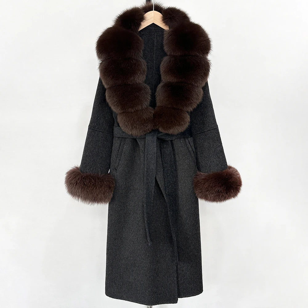 OFTBUY New Women's Double-Faced Wool Coat with Large Real Fox Fur Belted Warm Winter Luxury Fashion Outerwear Woolen Jacket Lady