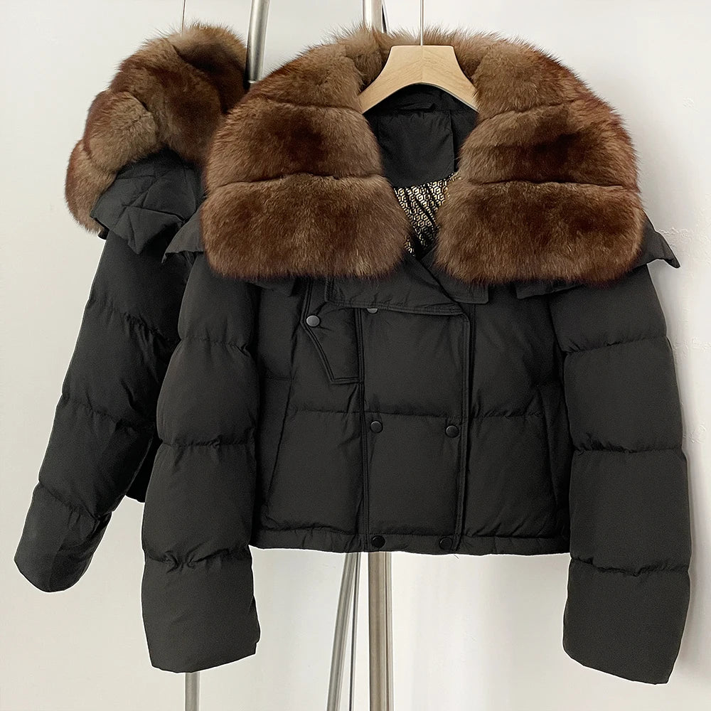 OFTBUY New Short Winter Clothing Women Thickened Warm Fluffy Raccoon Fur Puffer Jacket Female Real Fox Fur Collar Down Coat