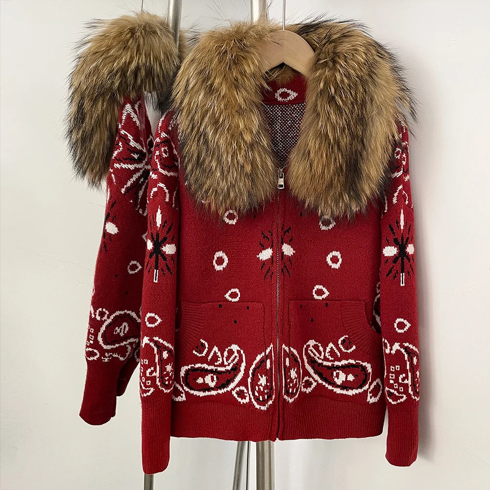 OFTBUY Women's Vintage Real Fox Fur Collar Knit Cardigan Paisley Print Zip Up Sweater Jacket Female Warm Winter Luxury Outerwear