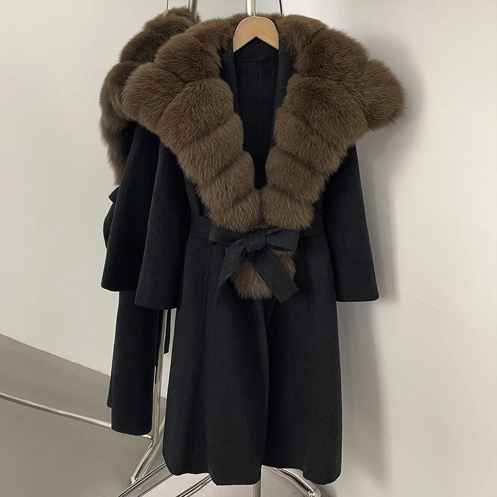 OFTBUY Long Belt Real Fur Wool Coat Female New Autumn Winter Warm Clothes Women Natural Fox Fur Collar Cashmere Woolen Jacket