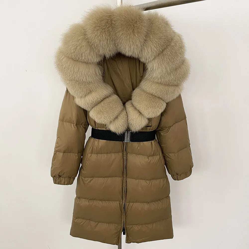 OFTBUY New Natural Thick Warm Duck Down Coat Female Long Winter Jacket Women Real Big Fox Fur Collar Belt Loose Puffer Parka