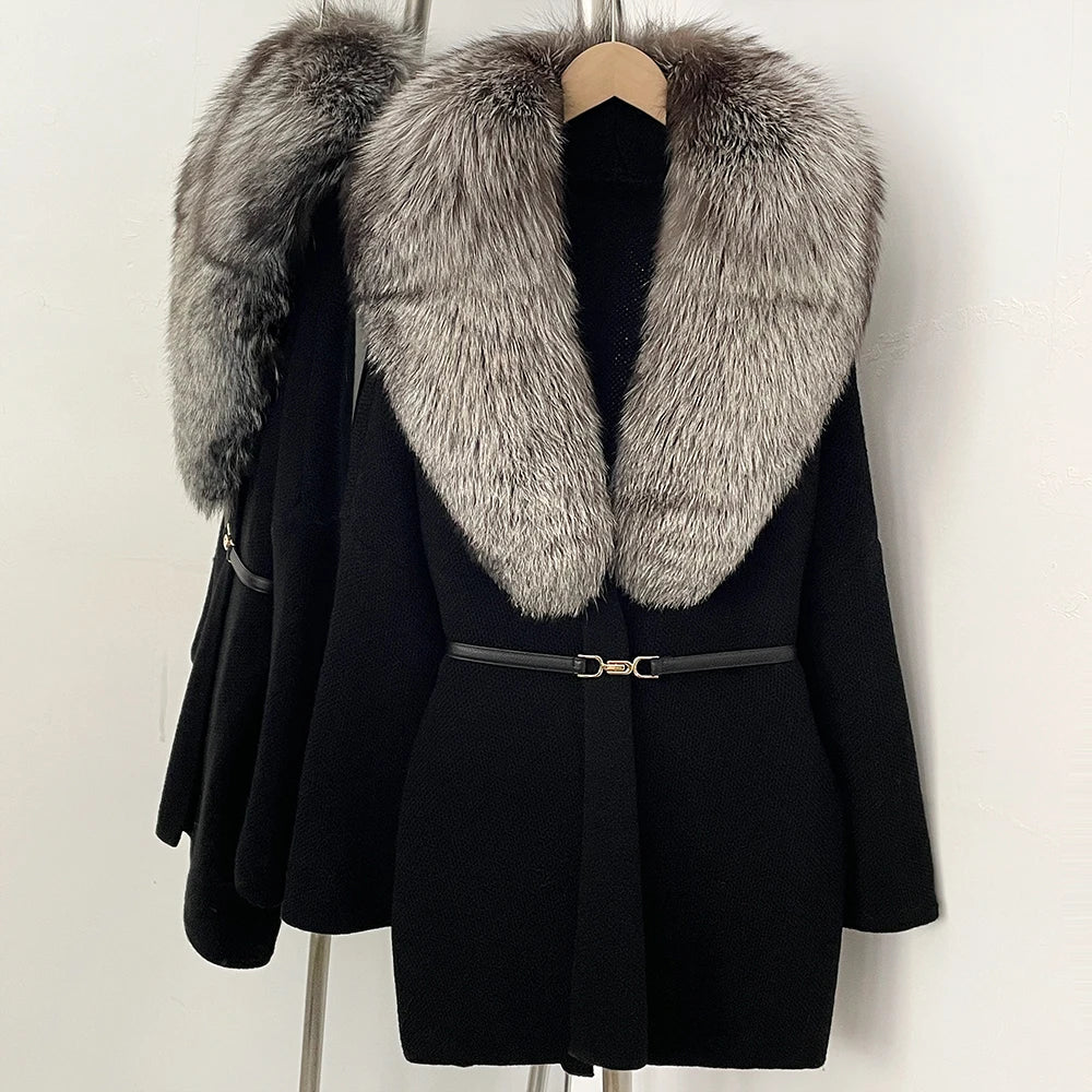 OFTBUY New Autumn Winter Luxury Fashion Outerwear Lady Women's Knit Coat with Large Real Fox Fur Collar Belt Textured Knit Warm