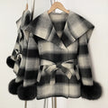 OFTBUY New Women's Double Face Wool Coat Plaid Pattern Real Fox Fur Cuffs Wide Collar Belted Waist Warm Winter Elegant Outerwear