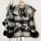 OFTBUY New Women's Double Face Wool Coat Plaid Pattern Real Fox Fur Cuffs Wide Collar Belted Waist Warm Winter Elegant Outerwear