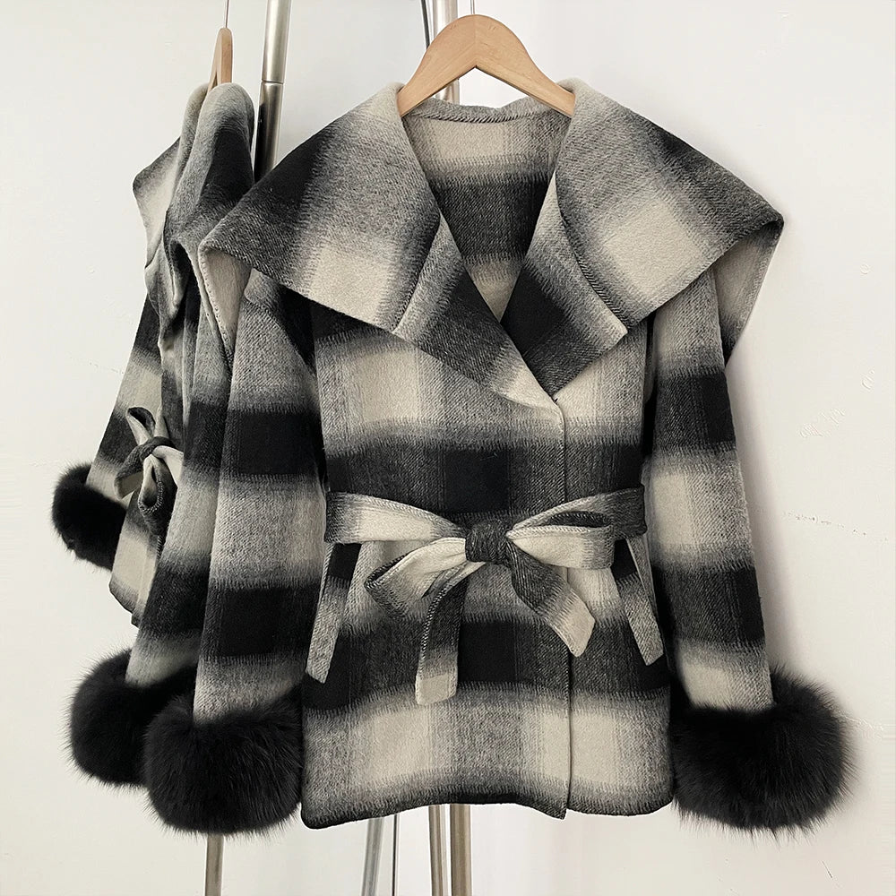 OFTBUY New Women's Double Face Wool Coat Plaid Pattern Real Fox Fur Cuffs Wide Collar Belted Waist Warm Winter Elegant Outerwear