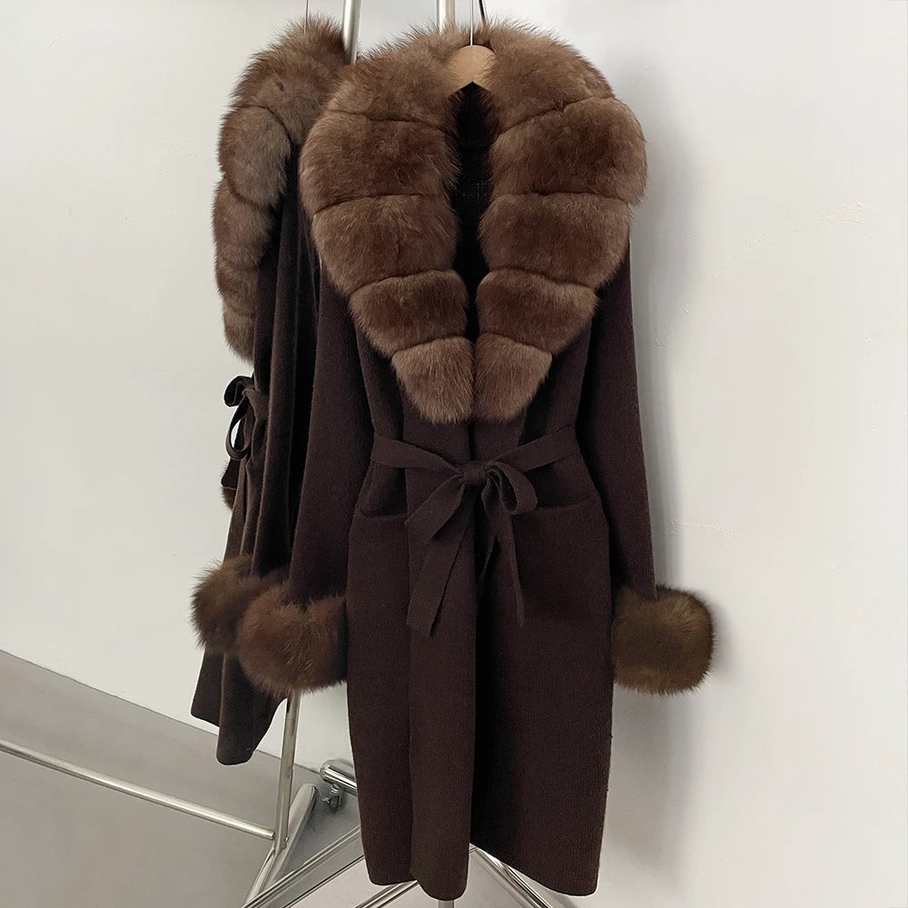OFTBUY New Cardigan Autumn Winter Long Knit Clothing Women Loose Warm Belt Sweater Jacket with Real Fox Fur Collar and Cuffs