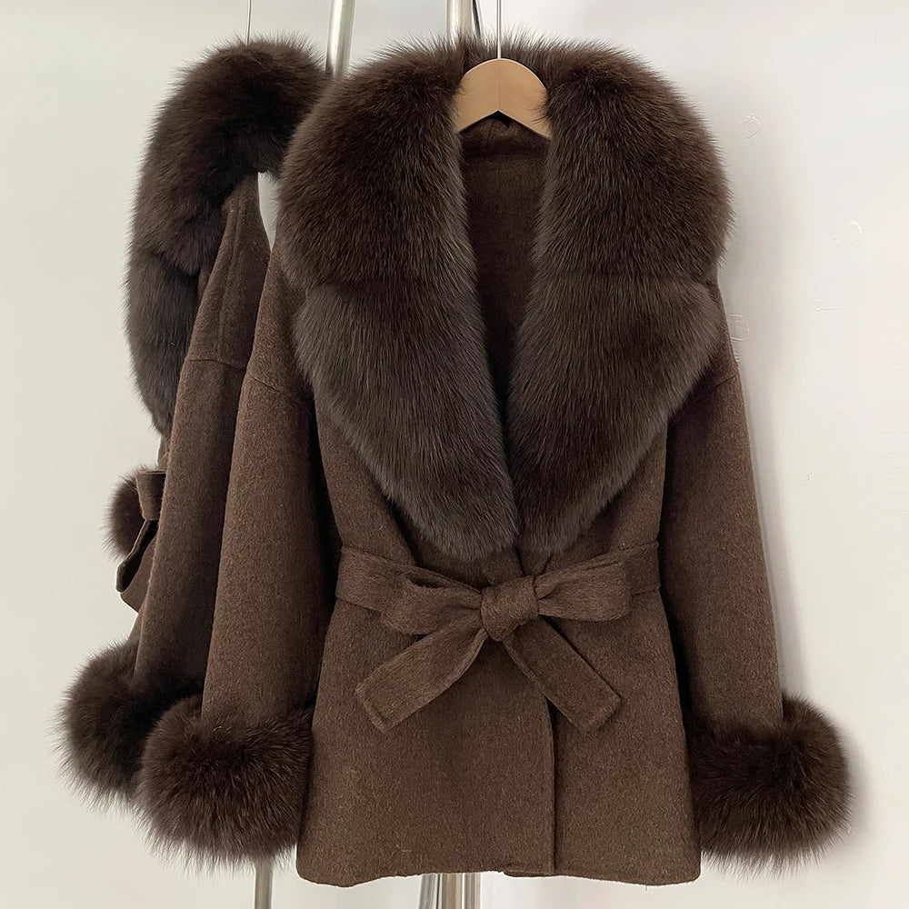 OFTBUY New Women's Double-Faced Wool Coat with Large Real Fox Fur Collar Cuffs Belted Warm Winter Elegant Fashion Outerwear Lady