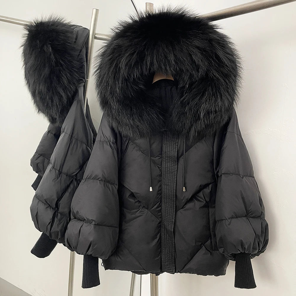 OFTBUY Thicken Warm Knitted Sleeve Coat New Winter Large Real Fur Hooded Puffer Jacket Women White Duck Down Mid Long Parka