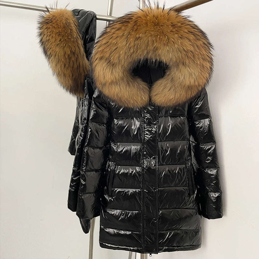 OFTBUY New Hood Collar Luxury Warm Winter Women's Shiny Puffer Jacket with Real Raccoon Fox Fur Outerwear Duck Down Coat Female