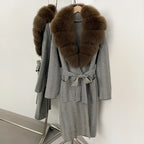 OFTBUY New Women's Knit Coat with Large Real Fox Fur Collar Belted Cardigan Female Winter Elegant Outerwear Warm Long Coat Lady