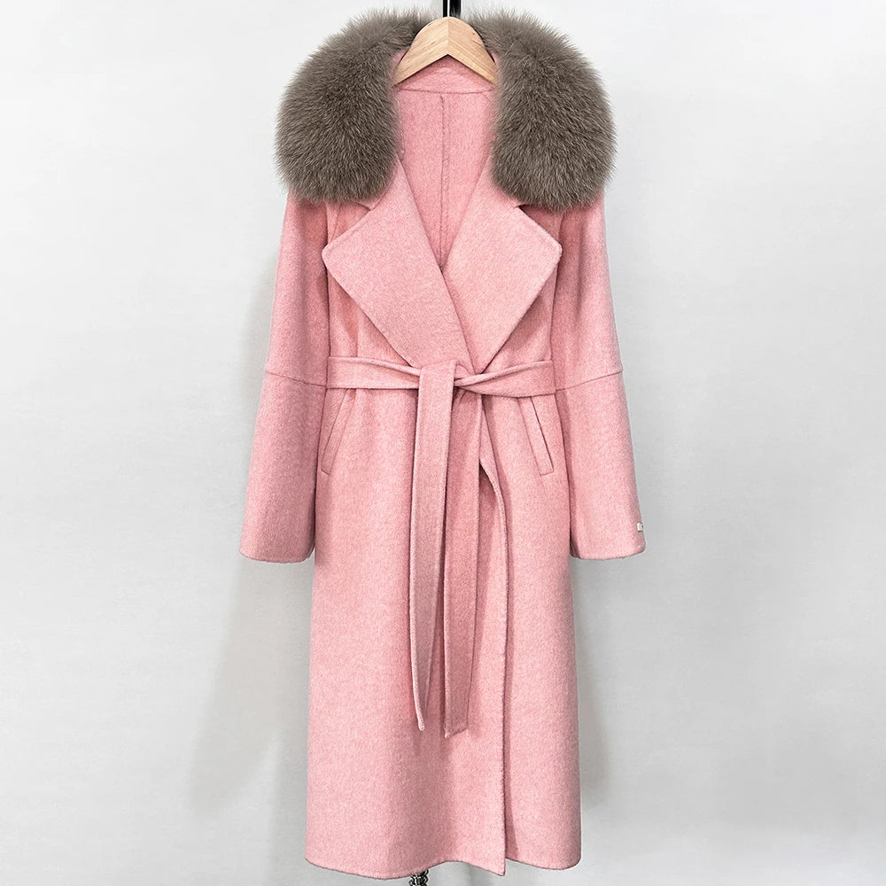 OFTBUY New Autumn Winter Long Clothing Women Fashion Warm Wool Coat with Real Fox Fur Collar Belt Elegant Woolen Jcacket Female