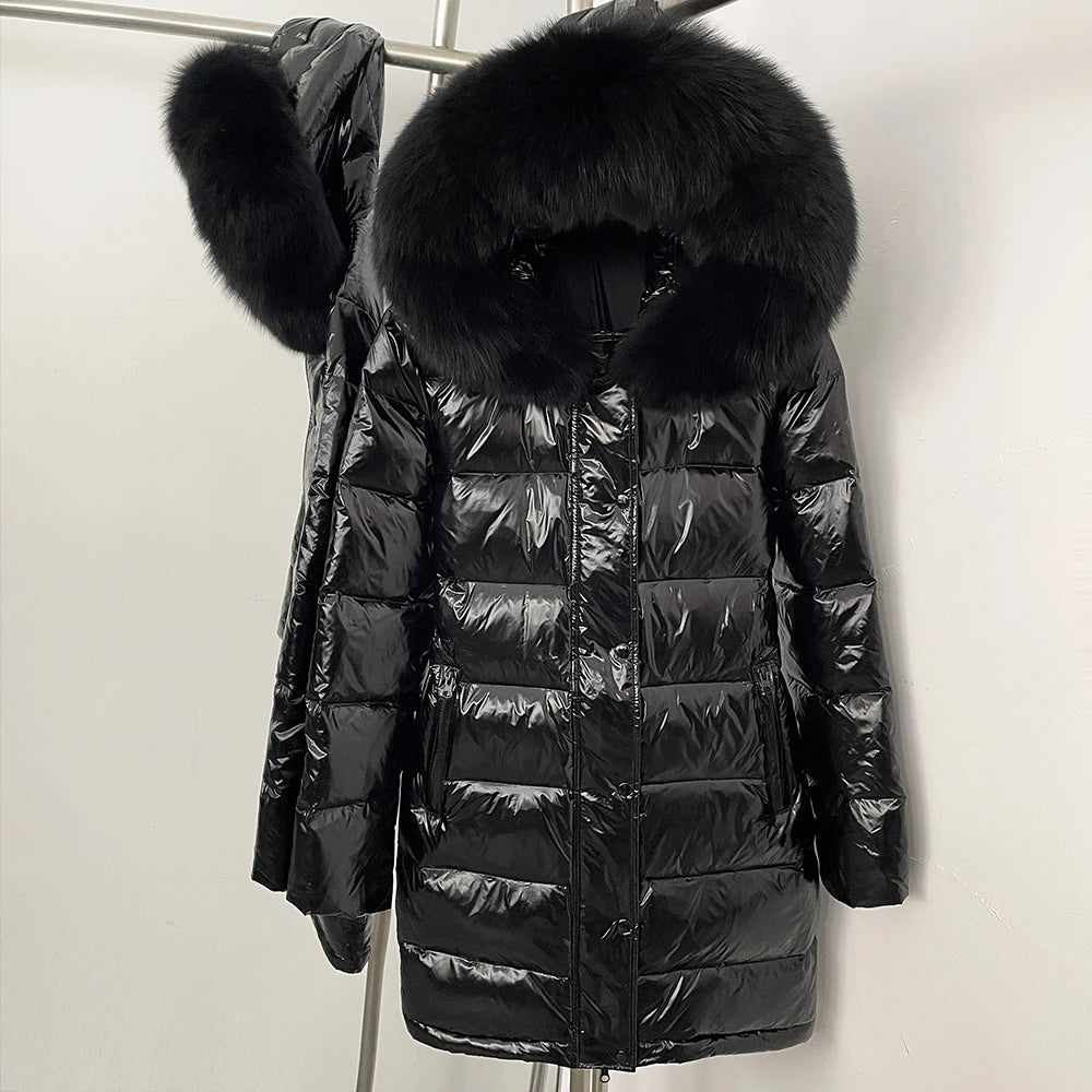 OFTBUY New Hood Collar Luxury Warm Winter Women's Shiny Puffer Jacket with Real Raccoon Fox Fur Outerwear Duck Down Coat Female
