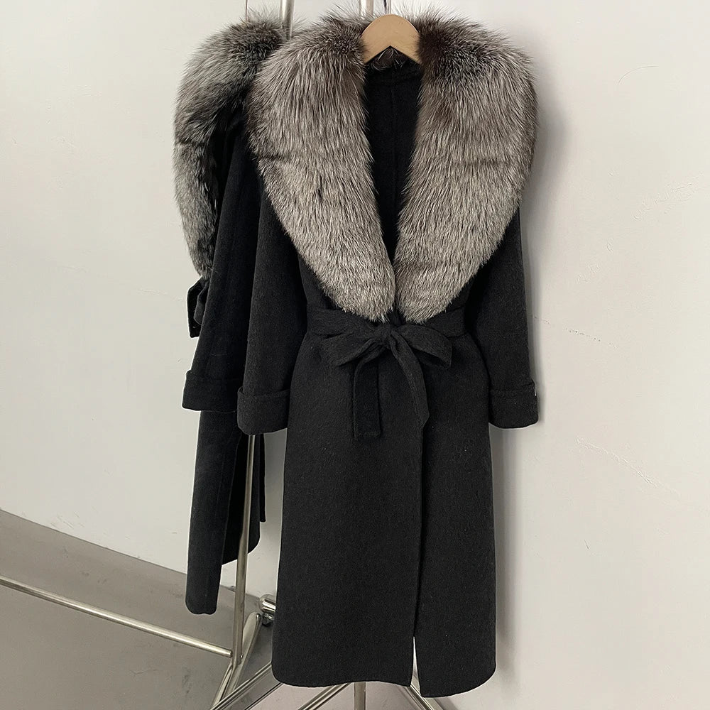 OFTBUY Belted Elegant Warm Outerwear Coat Female Women's Luxury Double-Faced Wool Jacket Winter Oversized Real Fox Fur Collar